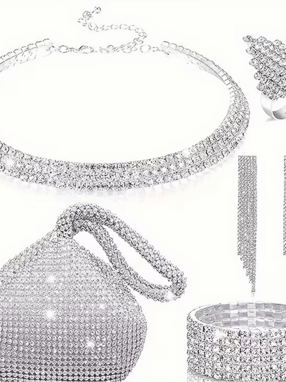 Elegant Silver Crystal Jewelry Set - Necklace, Bracelet, Earrings, Ring, Clutch